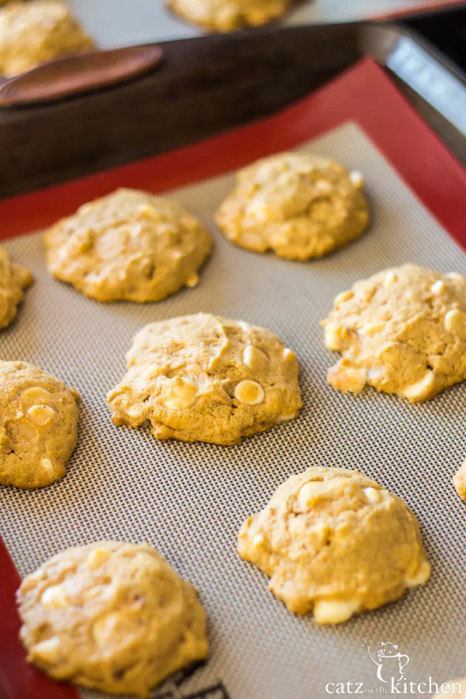 Macadamia Nut White Chip Pumpkin Cookies | Catz in the Kitchen | catzinthekitchen.com | #fall #cookies #pumpkin