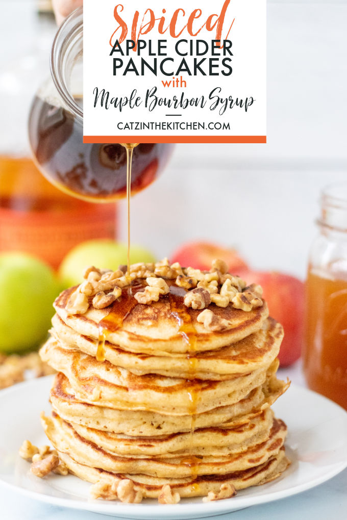 Warm up your autumn weekends with spiced apple cider pancakes, and to really take them over the top, whip up a little maple bourbon syrup!