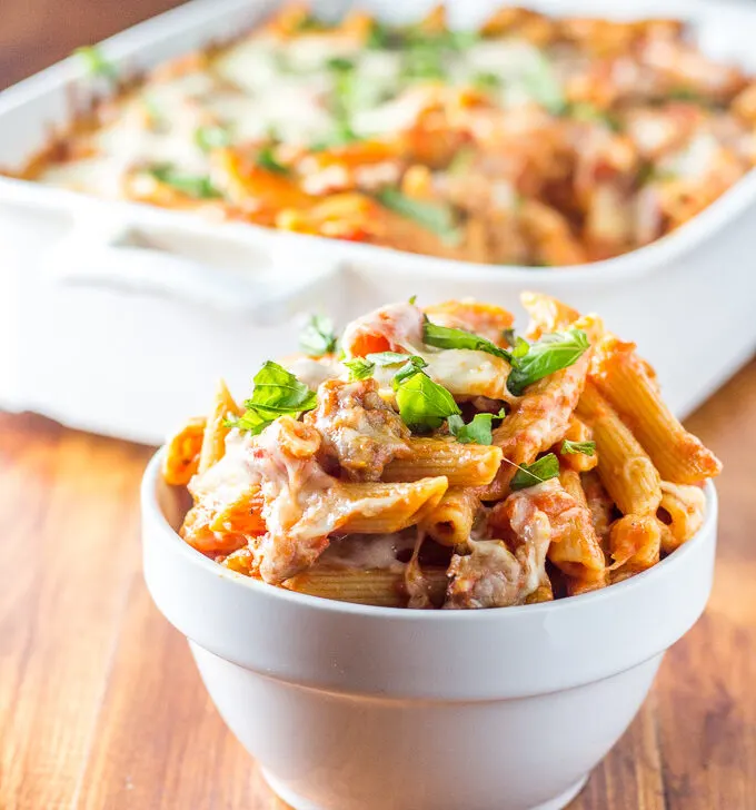 This recipe for baked Italian sausage penne is one of the most tried and true in our home kitchen! We've been making it for years - its simple, warm flavors and heartiness make us happy when it's cold and rainy out!