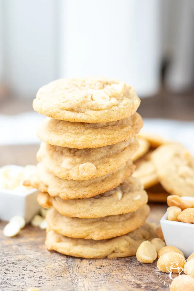 White Chocolate Macadamia Nut Cookies in a stack