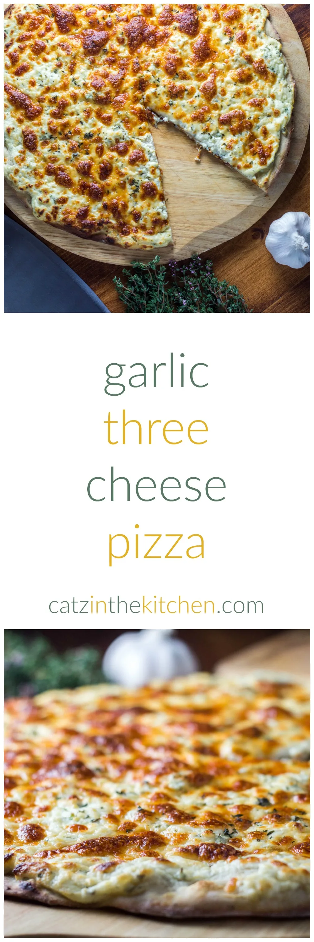 Garlic Three Cheese Pizza | Catz in the Kitchen | catzinthekitchen.com | #recipe #cheese #garlic #pizza