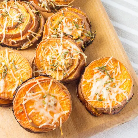 This recipe for rosemary sweet potato stacks is quick, easy, snacky, kid-friendly, and healthy! What more can you ask for in a side dish?