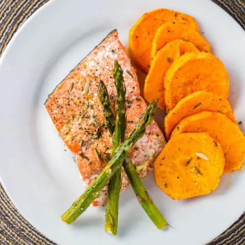 One Pan Salmon, Asparagus, & Sweet Potato Dinner