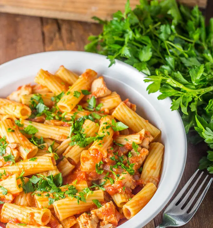 Make this recipe when it's cold outside and you're hungry inside! Chicken Rigatoni is easy, quick, flexible to what you have on hand, and yummy!
