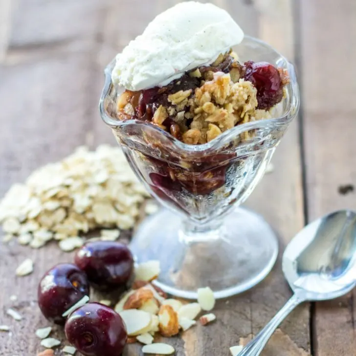 Cherries are in season, and this recipe for cherry vanilla crisp is an especially yummy way to celebrate that! It’s perfect paired with a bit of ice cream.