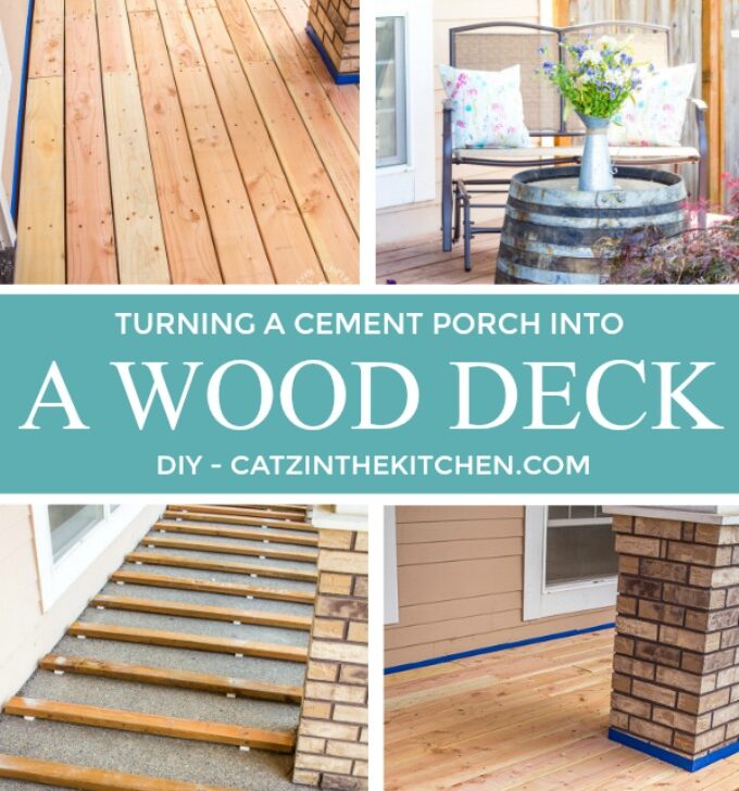 If you've ever thought about turning your cement porch into a wood deck, it's surprisingly easy! Here are some thoughts, tips, & photos from our experience!