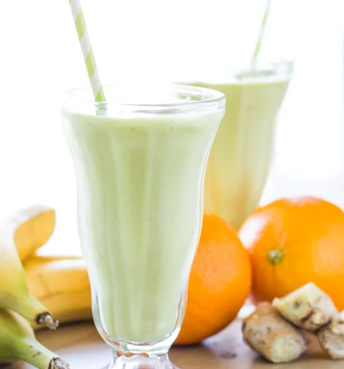 One of our favorite smoothie standbys, what we call the Sunday Morning Smoothie - orange, banana, ginger, mango, pineapple, spinach, coconut, and more!