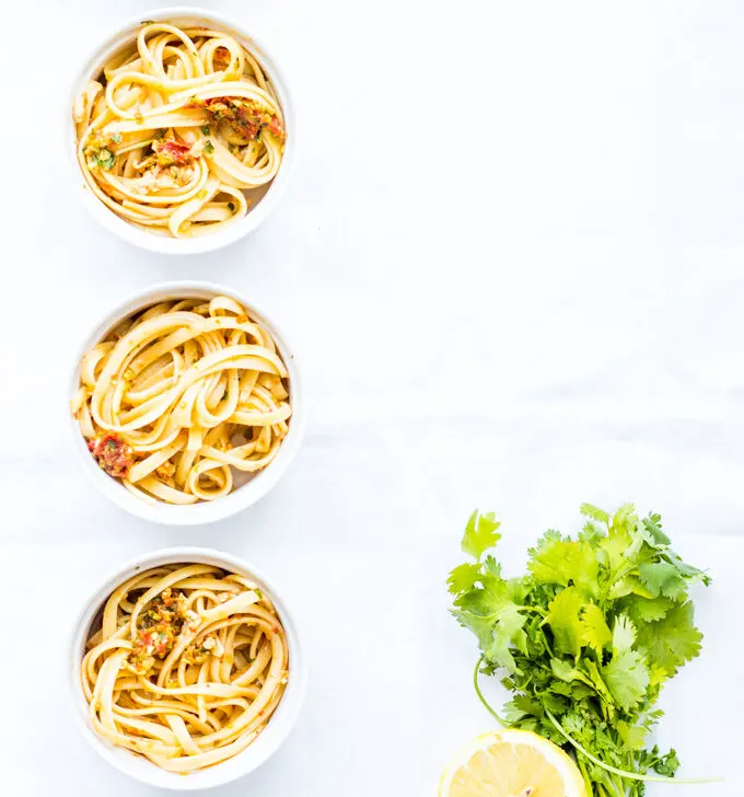 Simple linguine with lemon & sun-dried tomatoes along with olives, fresh basil, & garlic. Oh, and a little cheese & olive oil because...that's a must!