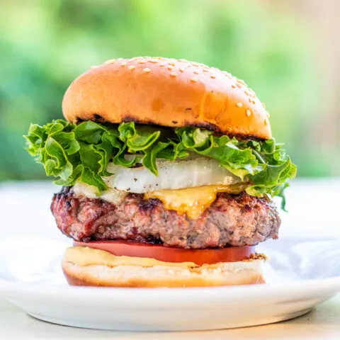 Bobby Flay put his spin on an otherwise traditional burger by adding grilled onions, horseradish mustard, and two cheeses - the double cheddar burger!