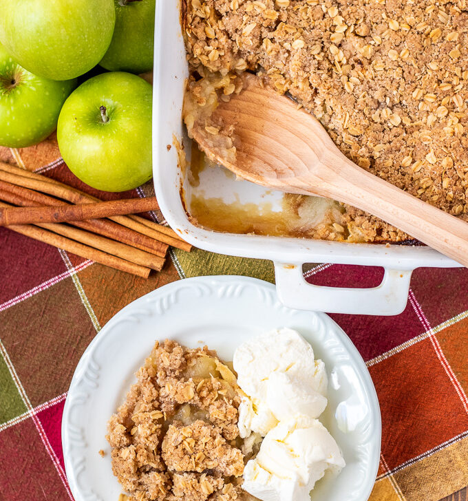 The yummy apple crisp is simple enough for a family dessert or nice enough to serve for company, but easy enough to make for a potluck or holiday hoopla!