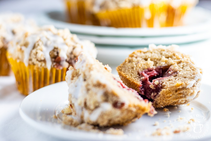 Oregon berries brighten up the inside of these yummy, easy strawberry almond streusel muffins, while streusel & glaze topping adds texture and sweetness!