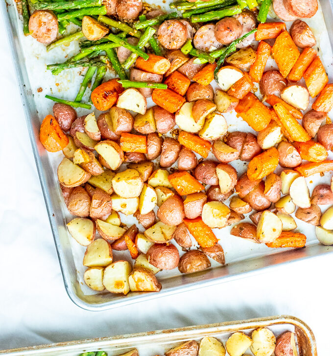 This recipe for one pan chicken sausage with roasted asparagus and potatoes is easy, healthy, kid-friendly, and can be prepared a bit ahead of time!
