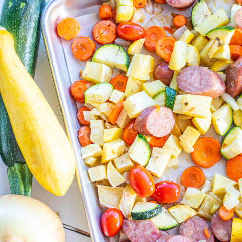 This one pan sausage dinner recipe includes lots of bright, flavorful, and healthy summer vegetables, and it's easy to prepare - just chop those veggies!