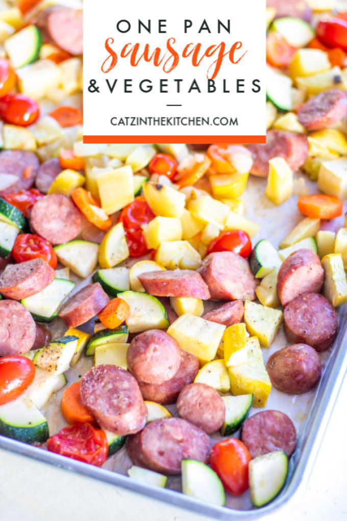 This one pan sausage dinner recipe includes lots of bright, flavorful, and healthy summer vegetables, and it's easy to prepare - just chop those veggies!