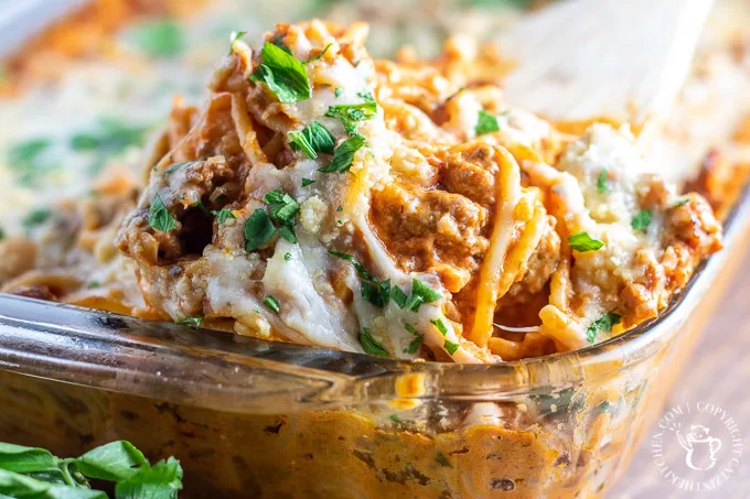 This easy recipe for a quick baked spaghetti is perfect for a family meal at home, or better yet, bringing a meal to someone who needs one!