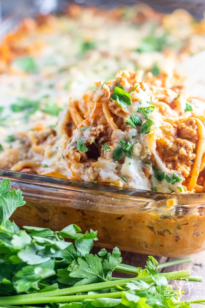This easy recipe for a quick baked spaghetti is perfect for a family meal at home, or better yet, bringing a meal to someone who needs one!