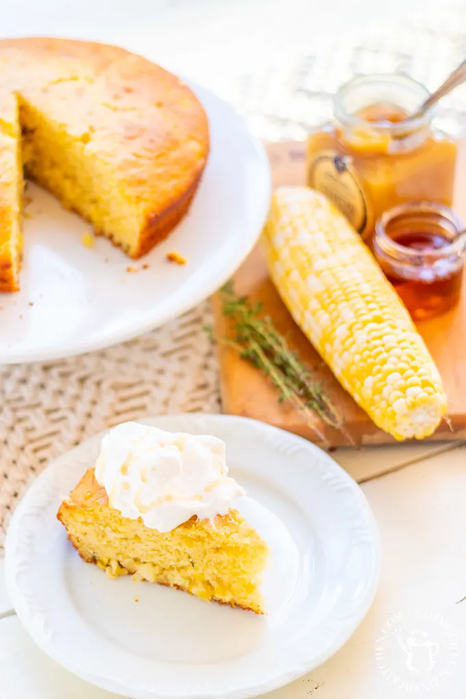 This recipe for sweet corn & thyme cornbread cake is simple, perfect for fall, & rather unexpected...because it's a dessert, topped with lemon curd & honey!