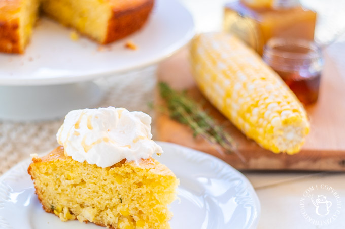 This recipe for sweet corn & thyme cornbread cake is simple, perfect for fall, & rather unexpected...because it's a dessert, topped with lemon curd & honey!