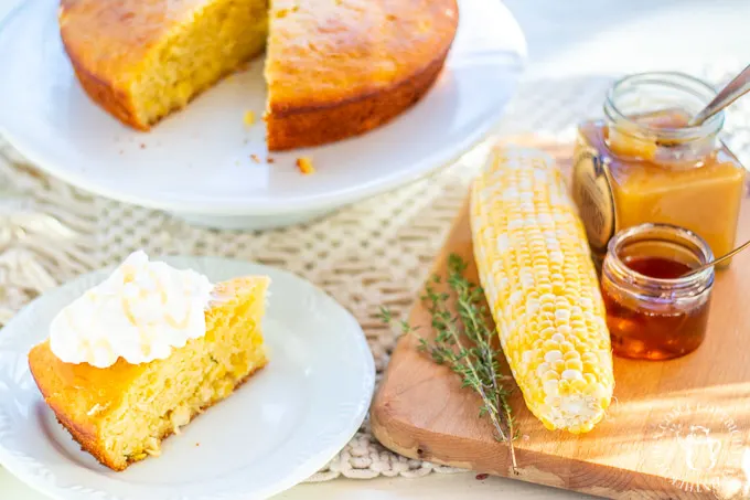 This recipe for sweet corn & thyme cornbread cake is simple, perfect for fall, & rather unexpected...because it's a dessert, topped with lemon curd & honey!