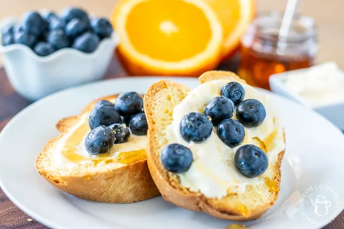 This simple brunch recipe for Orange and Mascarpone Toast with blueberries and honey puts delightful breakfast food on the table in about five minutes!