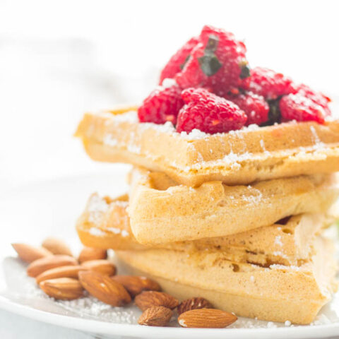 Almond Waffles with Raspberry Basil Sauce - Catz in the Kitchen