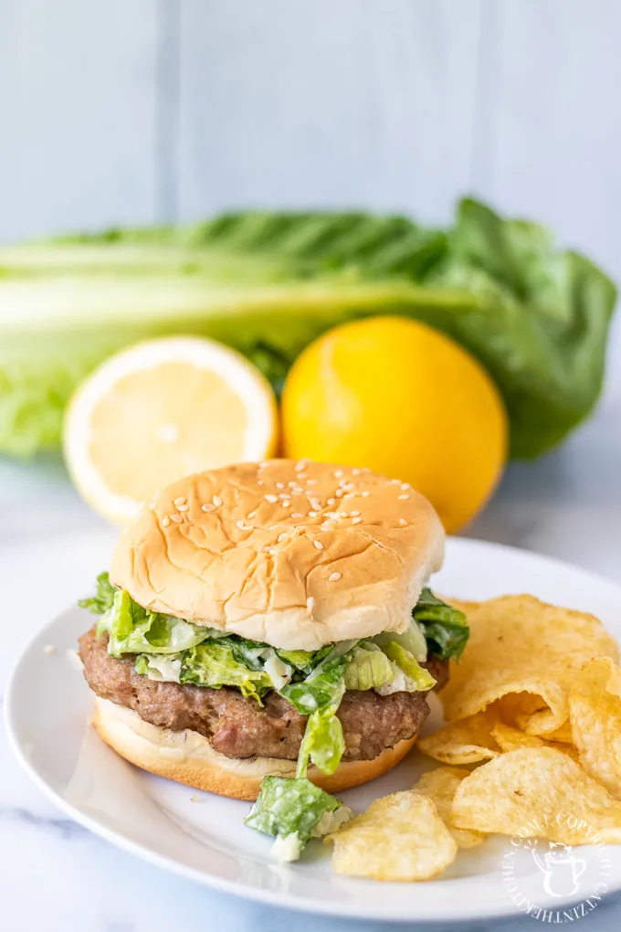 These chicken caesar burgers combine summer grilling with the delightful flavors of this familiar salad in one easy recipe!
