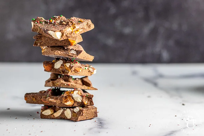 Dark Chocolate Almond Peppermint Bark stack