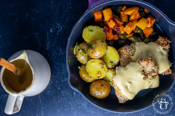 Baked Parmesan Rosemary Chicken Thighs with Honey Mustard Sauce and sides 