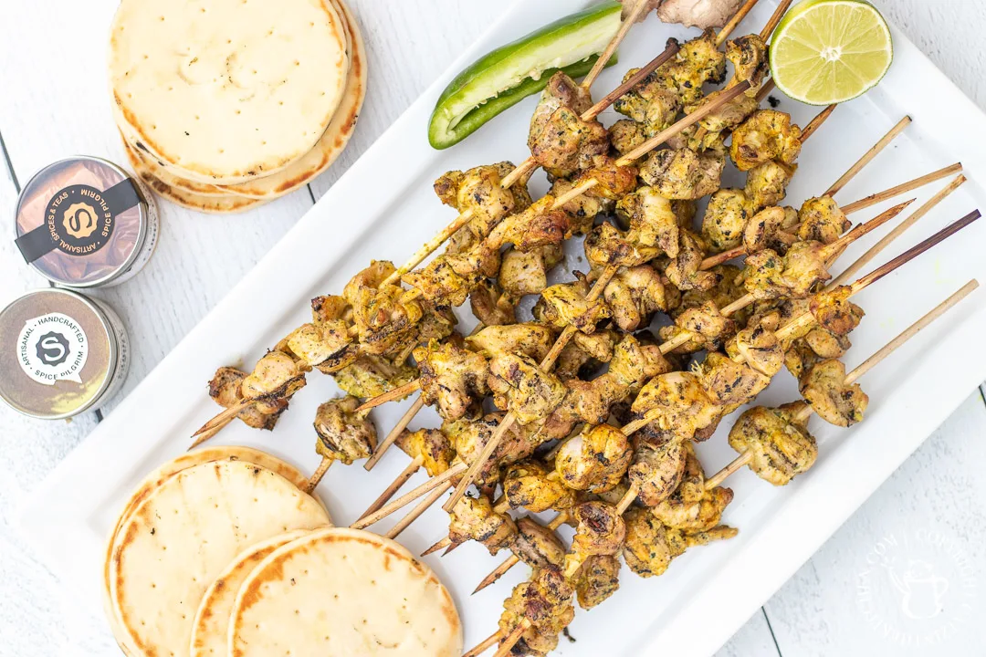 Curry Ginger Chicken Kabobs and naan 