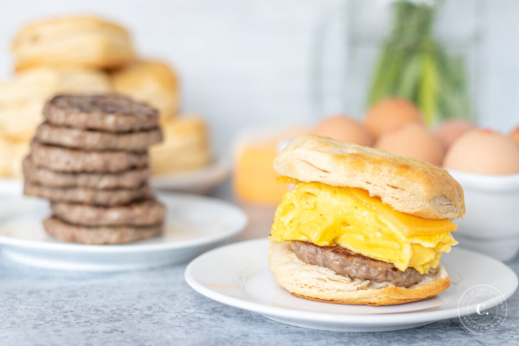 Sausage Egg & Cheese Biscuit Breakfast Sandwich with ingredients 