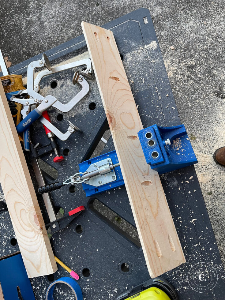 drilling pocket holes for farmhouse table apron 