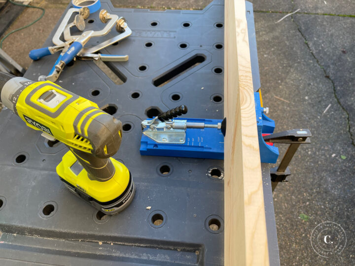 Drilling pocket holes for farmhouse kitchen table top 