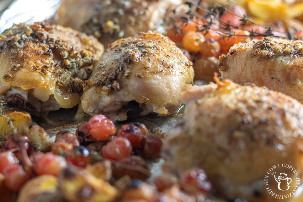 One Pan Chicken with Grapes on sheet pan 