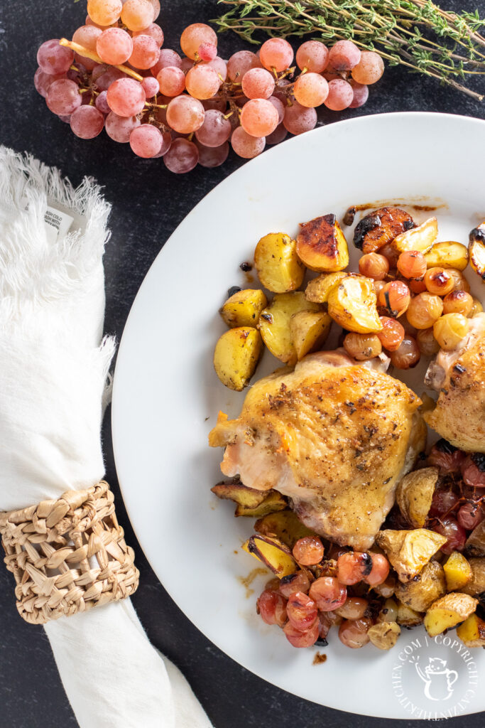 One Pan Chicken with Grapes on table 