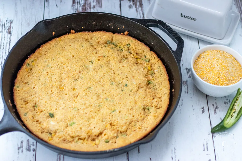 Rustic Cast Iron Cornbread with coarse ground cornmeal 