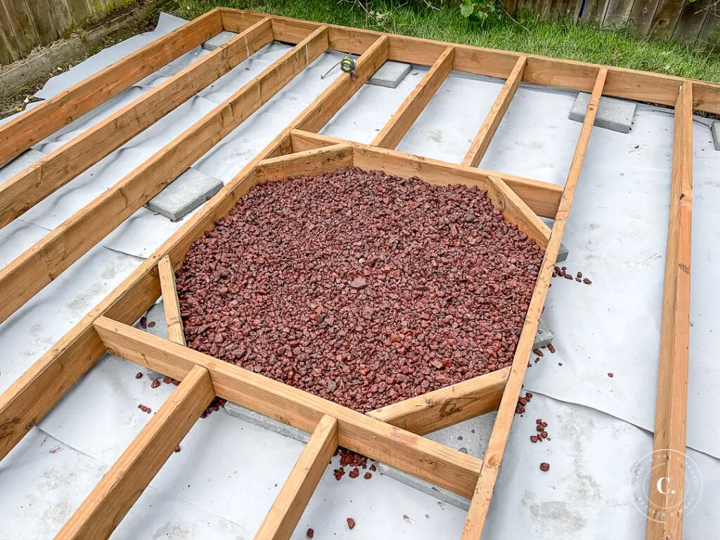 red lava rock for fire pit in floating deck frame 