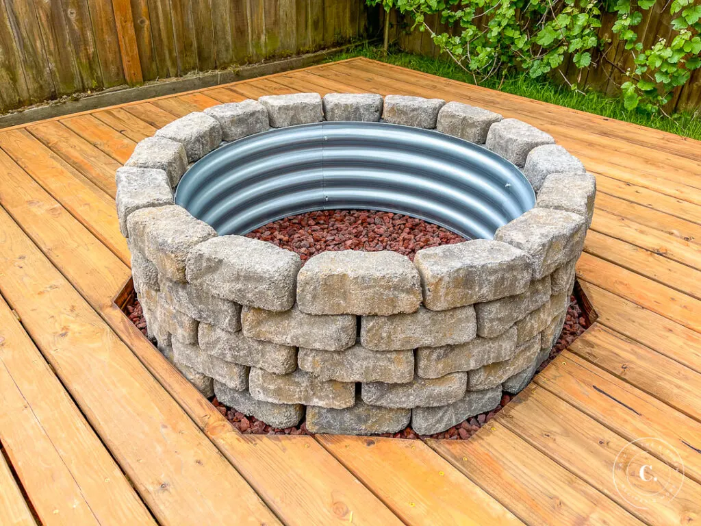 DIY fire pit in floating deck 