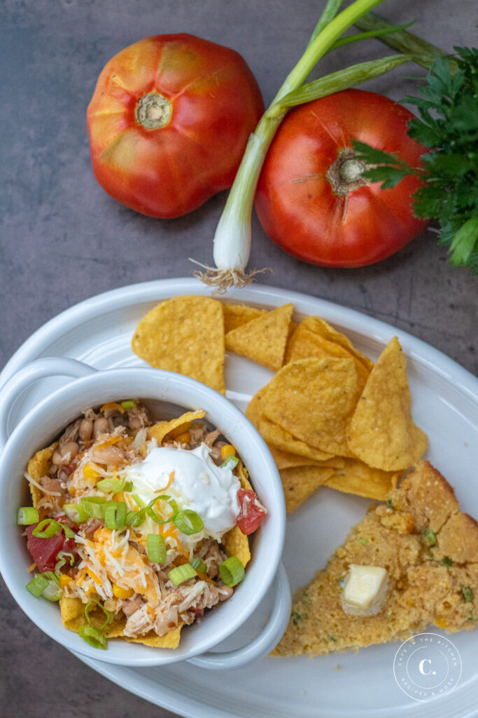 Pantry Simple Slow Cooker Chicken Chili with cornbread 