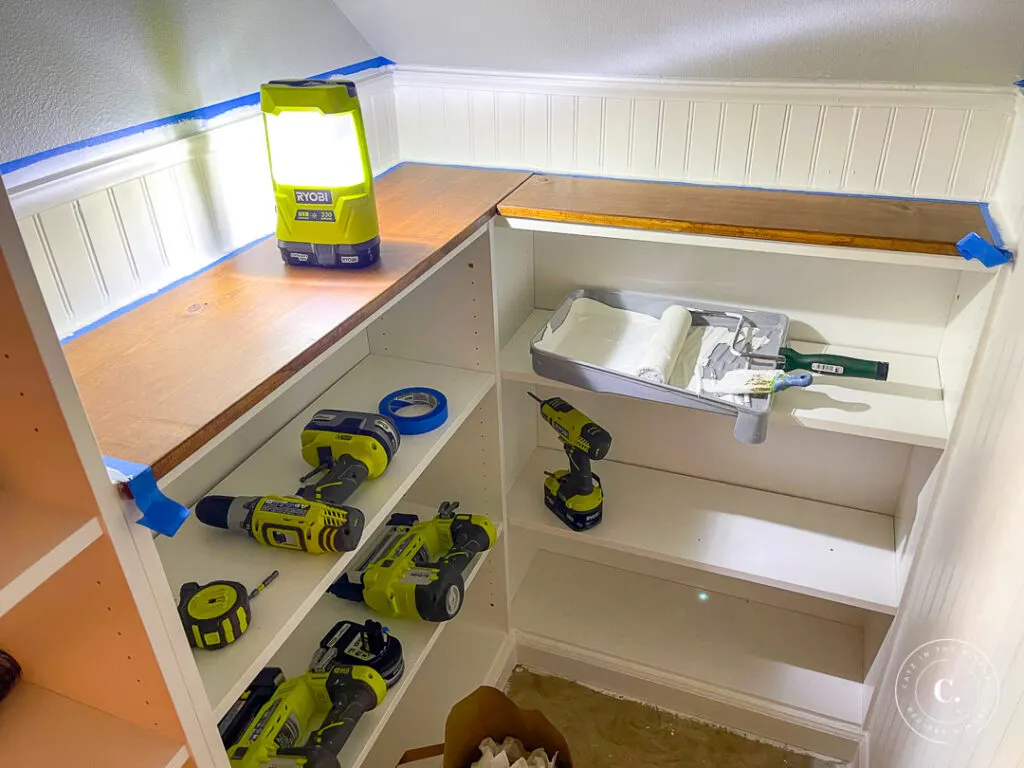 installing stained pine countertops in pantry 