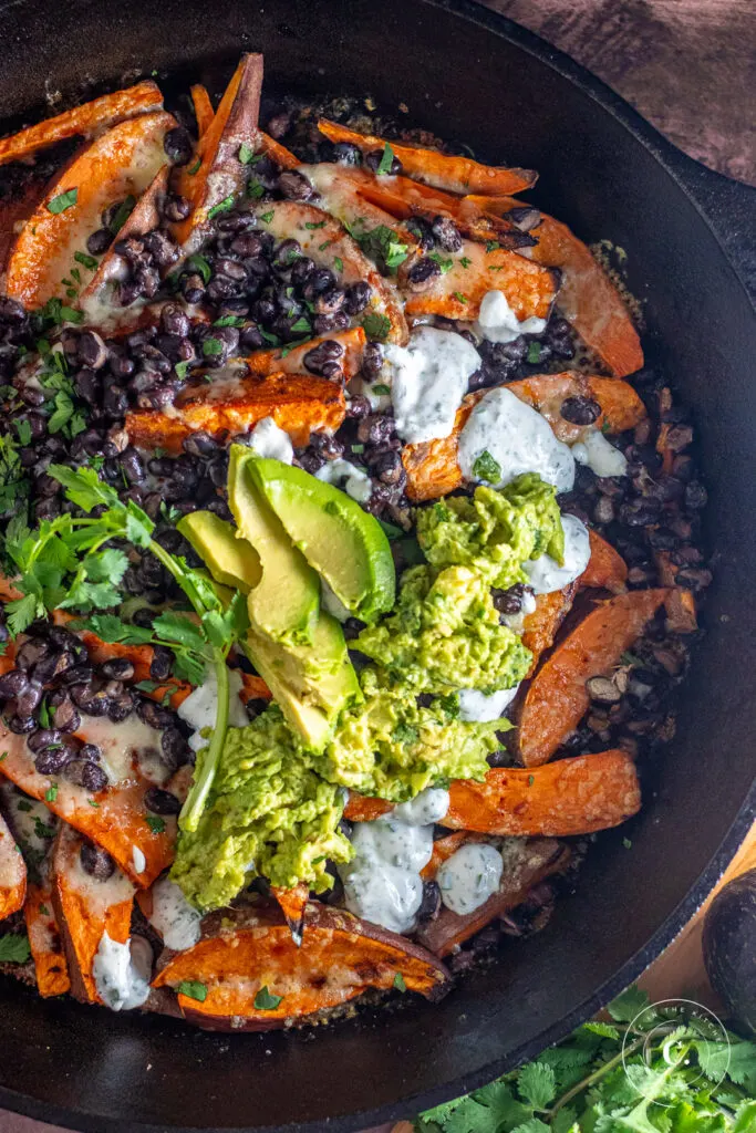 Sweet Potato Nachos in a skillet 