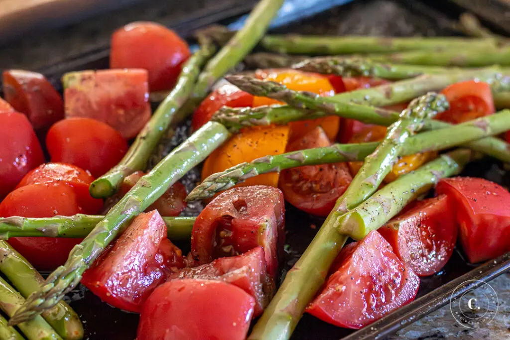 asparagus and tomatoes for Grilled Burrata Salad