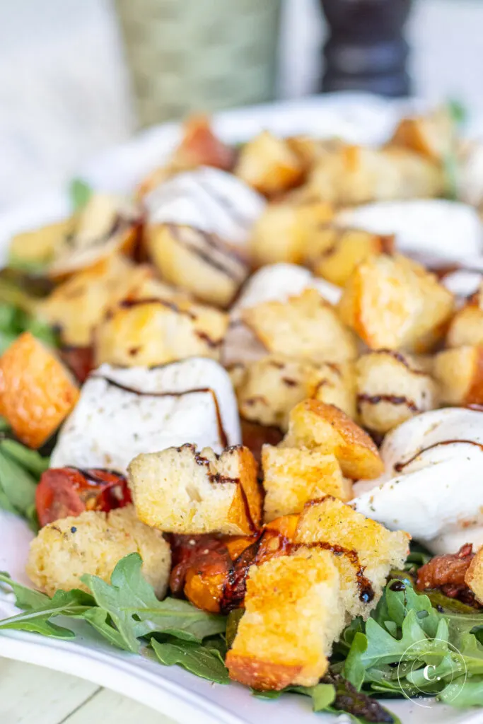 Grilled Burrata Salad closeup of croutons 