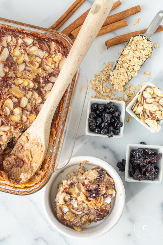 Overnight Baked Oatmeal with ingredients 