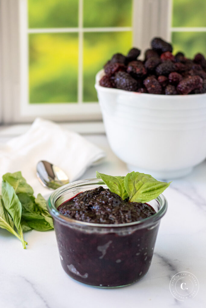 Blackberry and Basil Jam in a bowl 