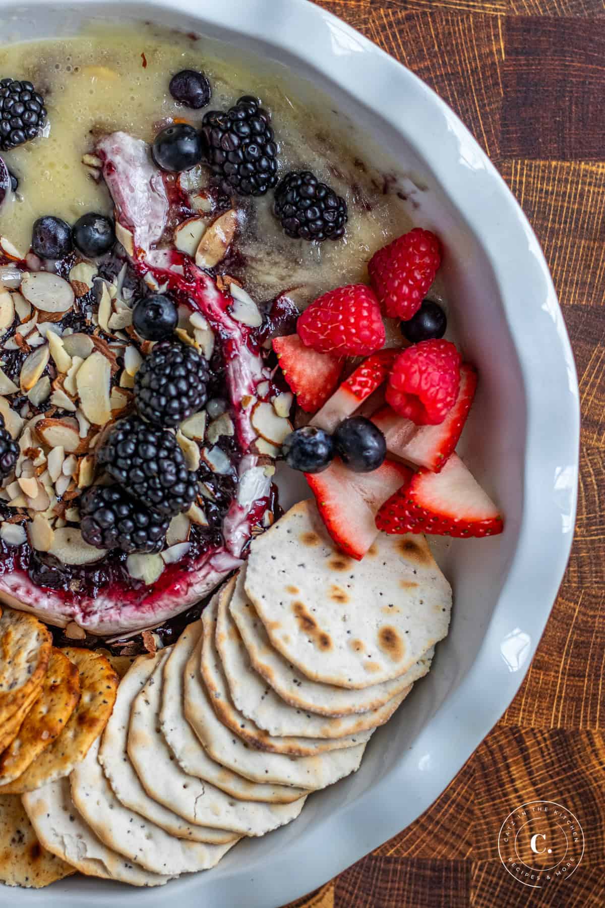 Baked Brie with Berry Jam in pie plate
