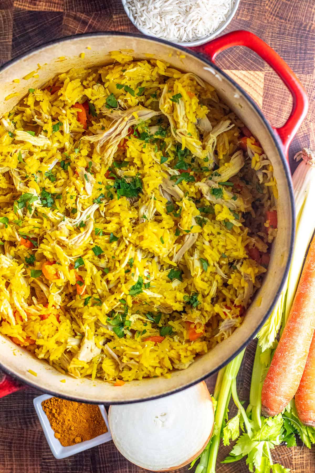 One-Pot Turmeric Chicken & Rice in a pot 